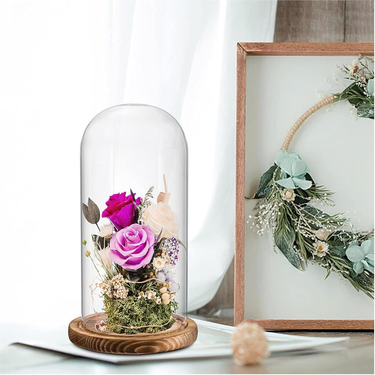 Glass Cloche Dome with Coffee Wood Base - 4.7" x 11" Display Case for Terrariums, Collectibles & Home Decor, Glass Dome Cloche with Natural Wood Base, Bell Jar Display Cover