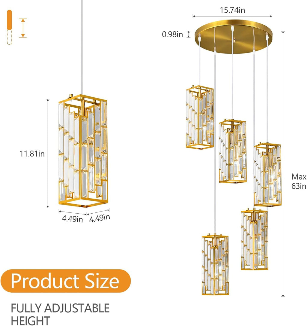 Gold Pendant Lighting Modern Pendant Light, Mini Crystal Chandeliers,Adjustable Pendant Light Fixture for Kitchen Island Dinning Room Bedroom (5 Light)