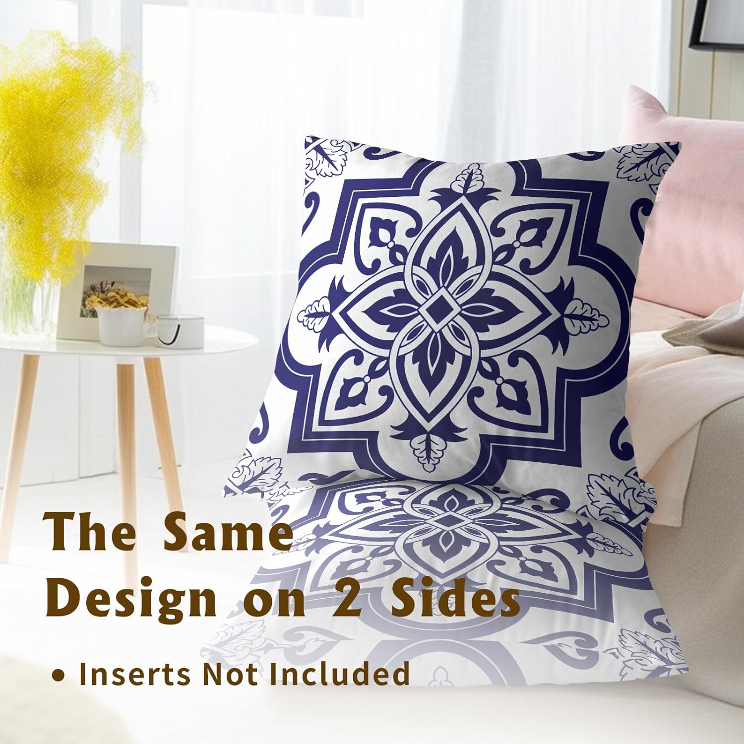 Blue-White Geometric Floral Throw Pillowcases Set of 2 All-Season Soft Pillow Covers with Hidden Zipper,Durable for Sofa Bed Car Decor & Gift 18x18Inch