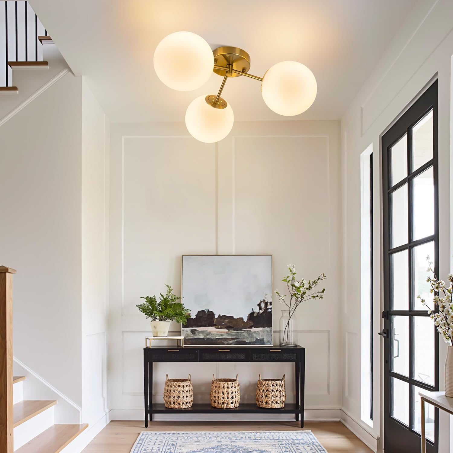 Maxax 17" Gold Ceiling Light, 3 Lights Modern Flush Mount Fixture with Opal Milk Glass Globe, Mid Century Brass Semi Chandelier, Sputnik Ceiling Lamp for Living Room, Dining Room, Bedroom, Entryway