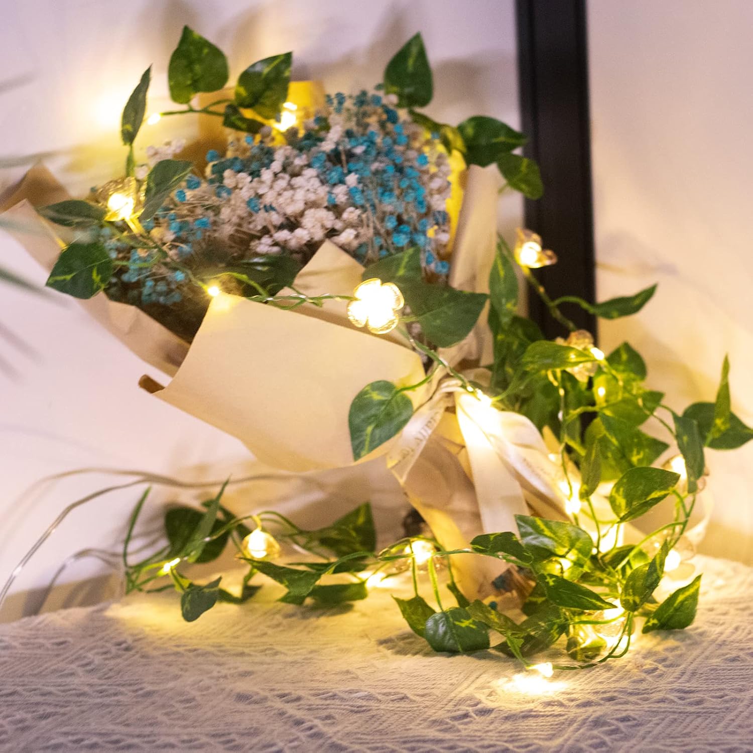 Vigdur 2 Packs Vine String Lights - Tiny Leaf Ivy String Lights with 48 Flower Lights Battery Powered Waterproof Fairy Light Indoor Outdoor for Bedroom Party Garden Wall Décor St. Patrick's Day