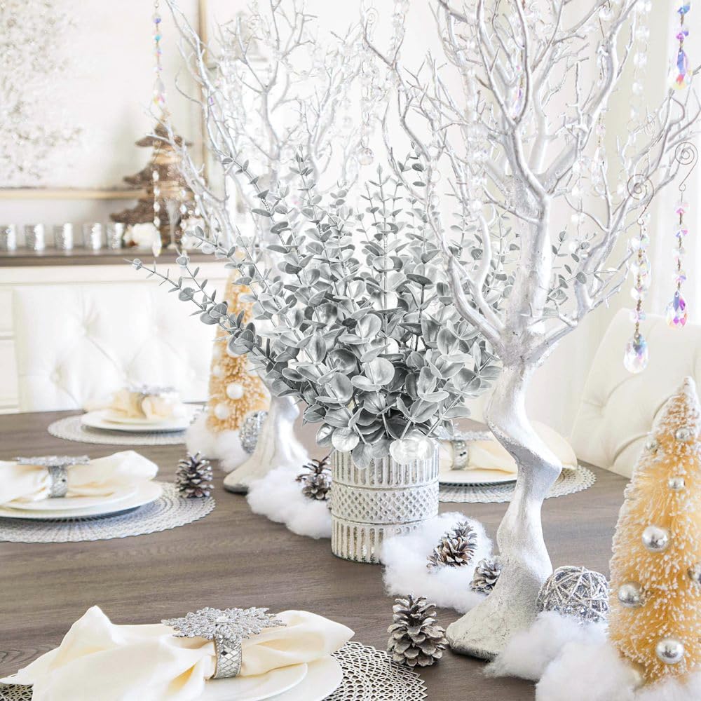RECUTMS 36Pcs Silver Eucalyptus Leaves Stems 15 inch Artificial Eucalyptuses Leaf Branches Faux Flower Bouquet for Winter Wedding Centerpiece Floral Arrangement Christmas Picks Office Home Table Decor