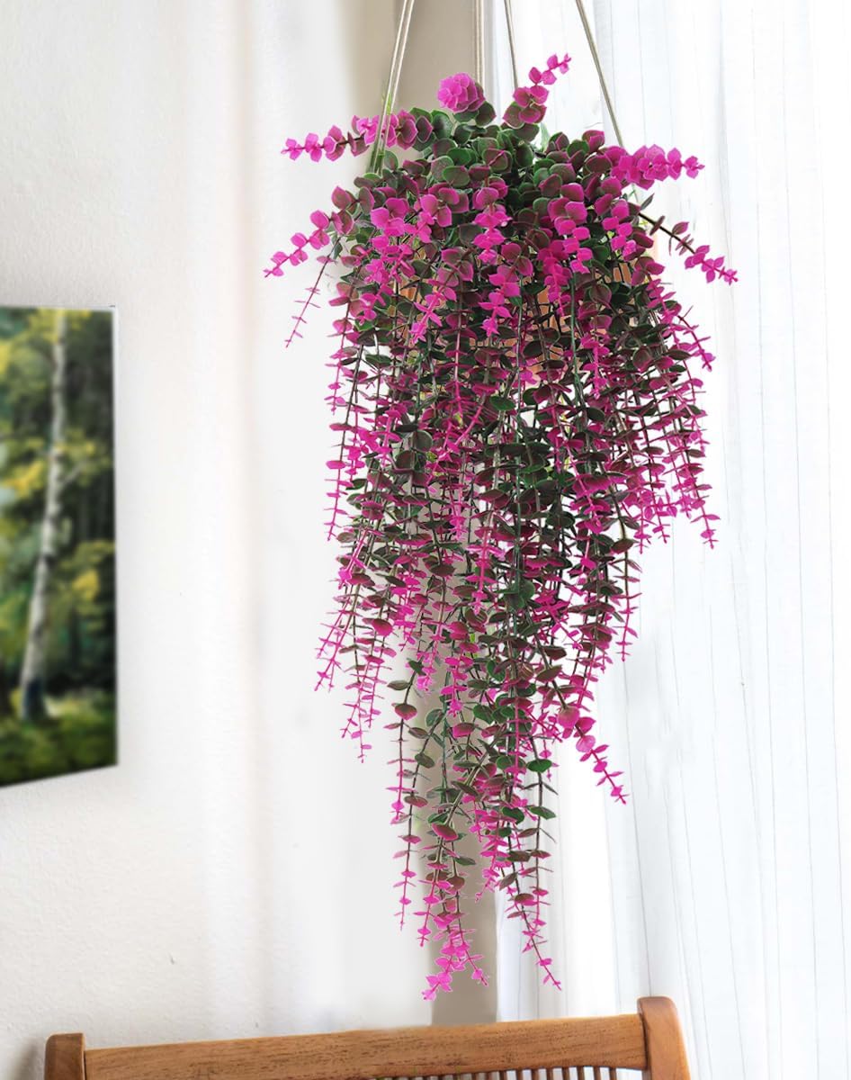 RECUTMS Fake Monkey Plants Hanging Eucalyptus Vines Fake Vines Faux Hanging Plants for Outdoor Garden Yard Backdrop Decor Indoor Room Table Wall Home Hanging Decoration(Fuchsia)