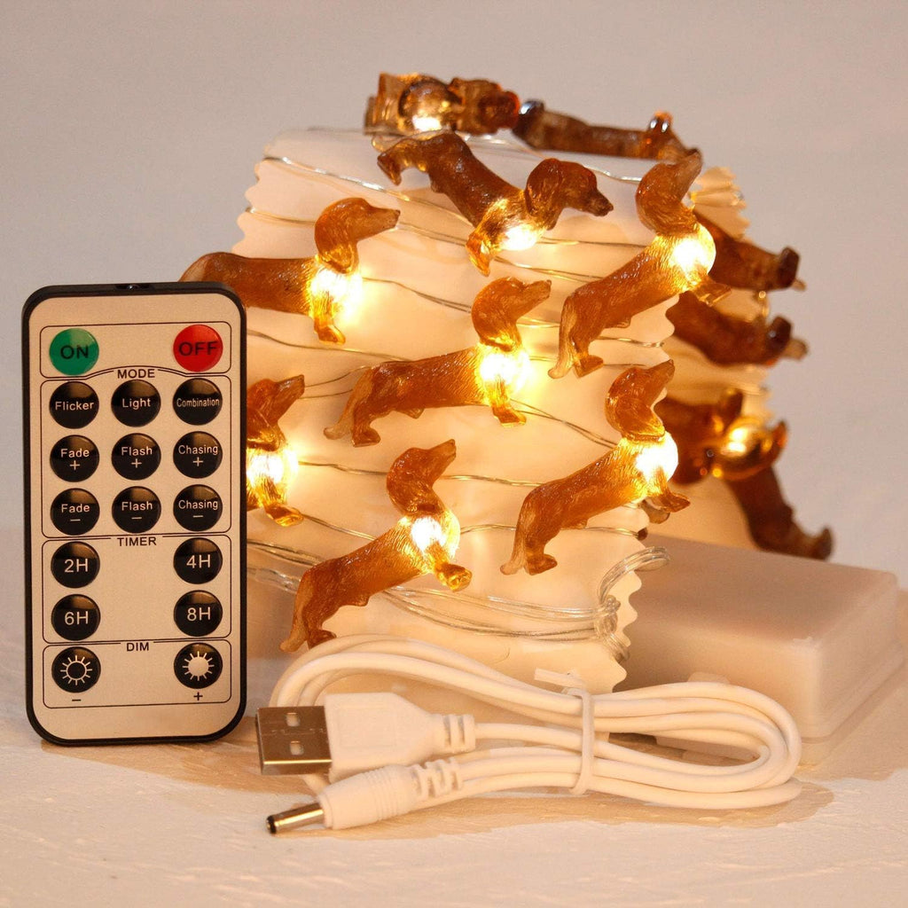 Christmas Decor Cute Dog String Lights 10ft 30LEDs Battery Operated Dachshund Icon Warm White Light USB Plug-in Fairy Lights with Remote Gifts for Pet Lovers Birthday Party Room Decor