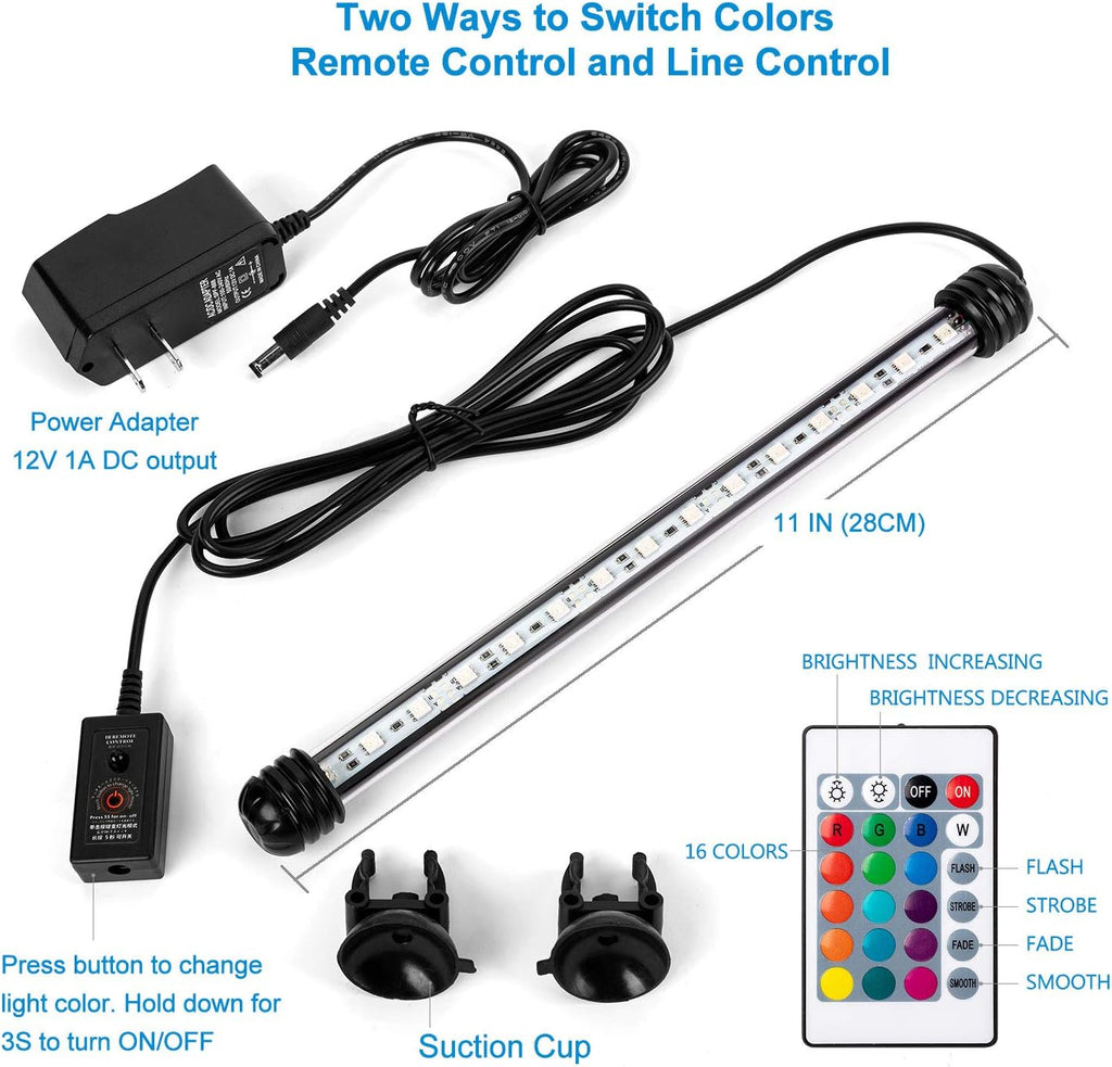 iKefe 11" Color Changing LED Fish Tank Aquarium Submersible Light with Remote/Colored Aquarium LED Tank Lights Fixture for Underwater Decorations, Plant Grow, Saltwater Freshwater Fish, KR5011
