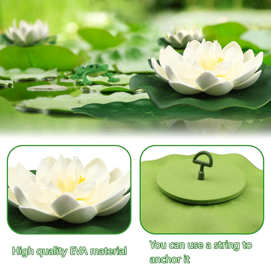 10pcs Artificial Floating Foam Lotus Flowers with Artificial Frog Lotus Leaves, Lily Pads for Lake, Pond Plants Ornaments for Pool Aquarium Water Decoration, White