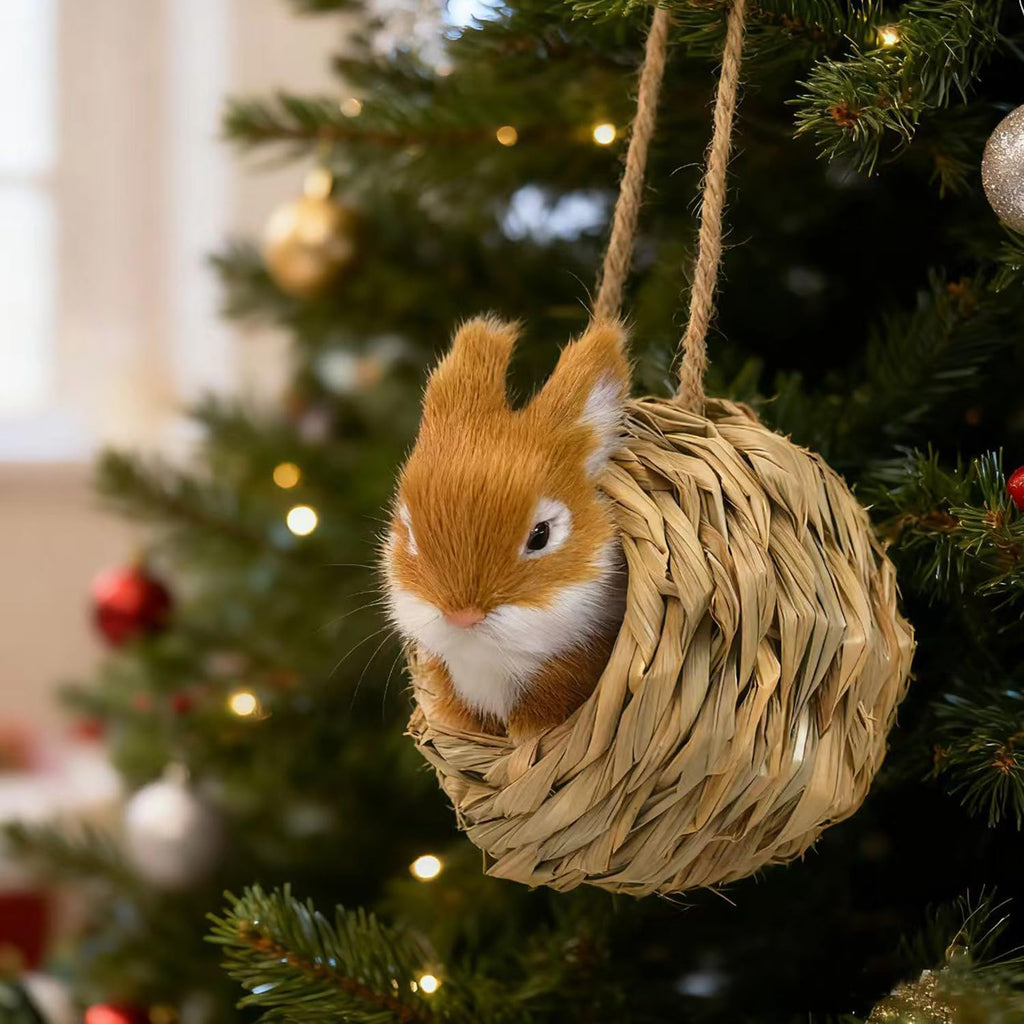 3D Forest Animals Ornaments for Christmas Tree Woodland Furry Animal Ornament Handmade Bird Nest with Plush Animals for Xmas Tree Faux Fur Animal Hanging Decoration Home (4inch Nest & Rabbit)