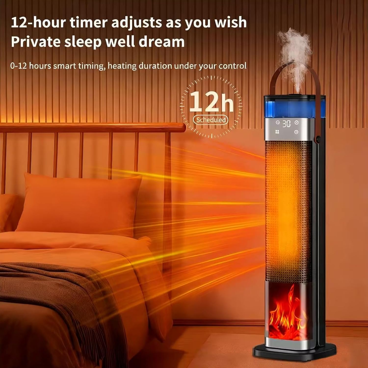 Space Heater Indoor, 25" 1500W PTC Ceramic Heater with atomization and humidification function, 3 Modes, 3D Flame, 12H Timer, 45° Oscillating, with Remote, Tower Heater for Office Bedroom