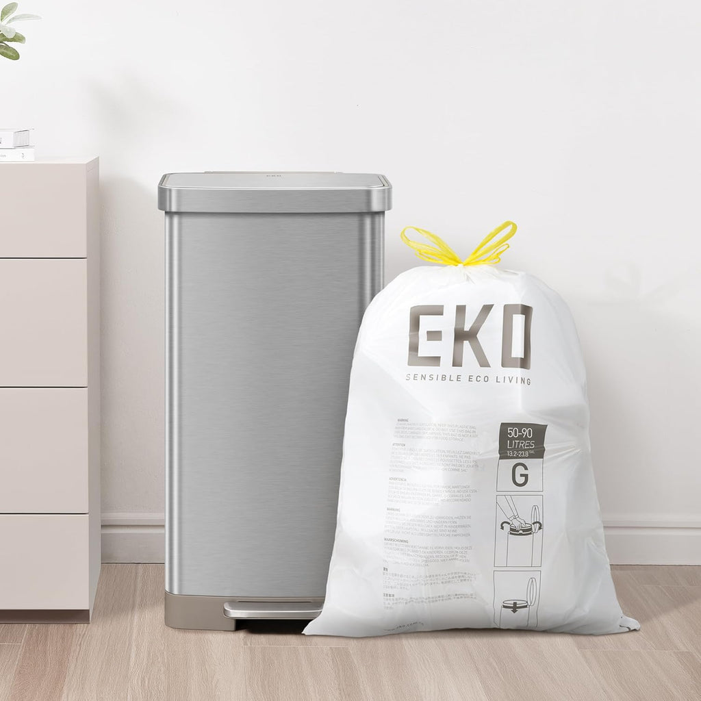 EKO 21 Gallon / 50-90 Liter, 60 Count Drawstring Trash Bags, Extra-Strong Garbage Bags, Fresh Floral Scent with Continuous Odor Control, Easy-Dispense Roll for Kitchen and Household Use, Code G, White