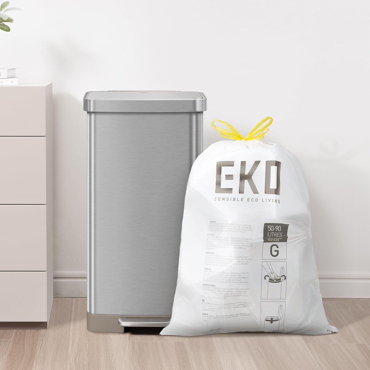 EKO 21 Gallon / 50-90 Liter, 60 Count Drawstring Trash Bags, Extra-Strong Garbage Bags, Fresh Floral Scent with Continuous Odor Control, Easy-Dispense Roll for Kitchen and Household Use, Code G, White