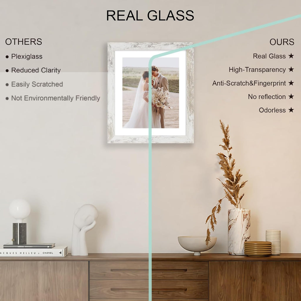 10x12 Picture Frame Set of 4, Made of Real Glass and Distressed White Frame - Display Picture 8x10 with Mat or 10x12 Without Mat, 10 by 12 Photo for Wall Mounting