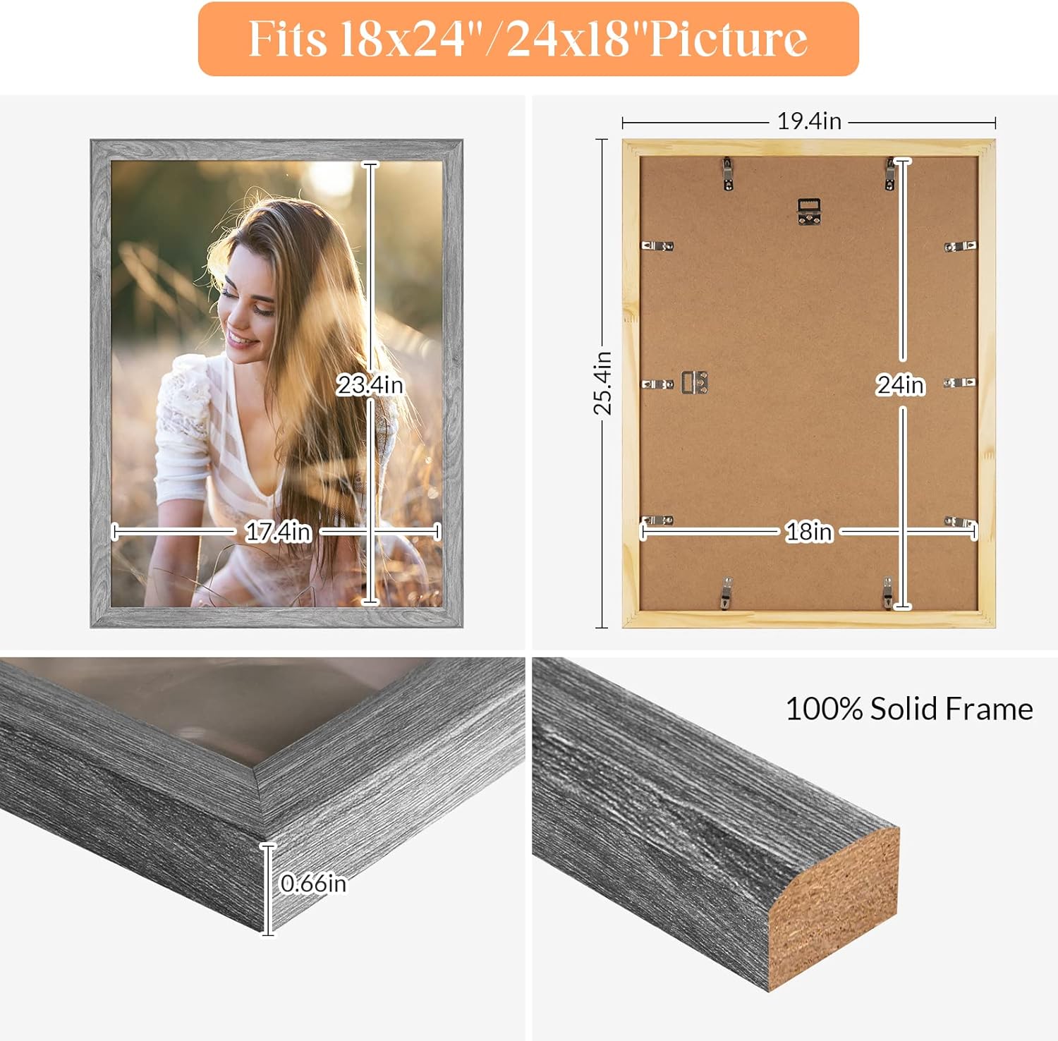18x24 Wood Frame Grey, Rustic Natural 24x18in Gray Woodgrain Poster Picture Frame, Modern 18 x 24inch Gallery Wall Pic Photo Frame with HD Plexiglass, Horizontal Vertical Wall Mounting Display 1pcs