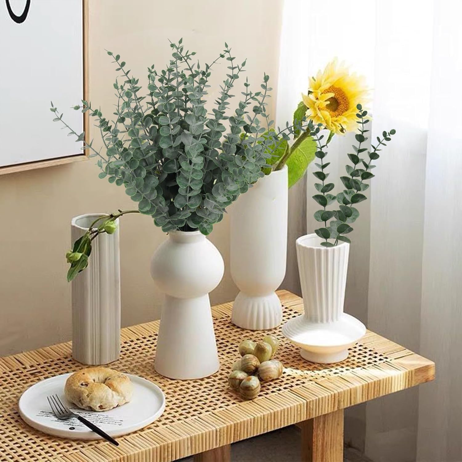 RECUTMS 36PCS Eucalyptus Leaves Stems 15Inch Artificial Green Leaf Branches Plant Bundle for Indoor Outdoor Home Office Wedding Centerpiece Flower Bouquet Floral Arrangement Table Farmhouse Decoration