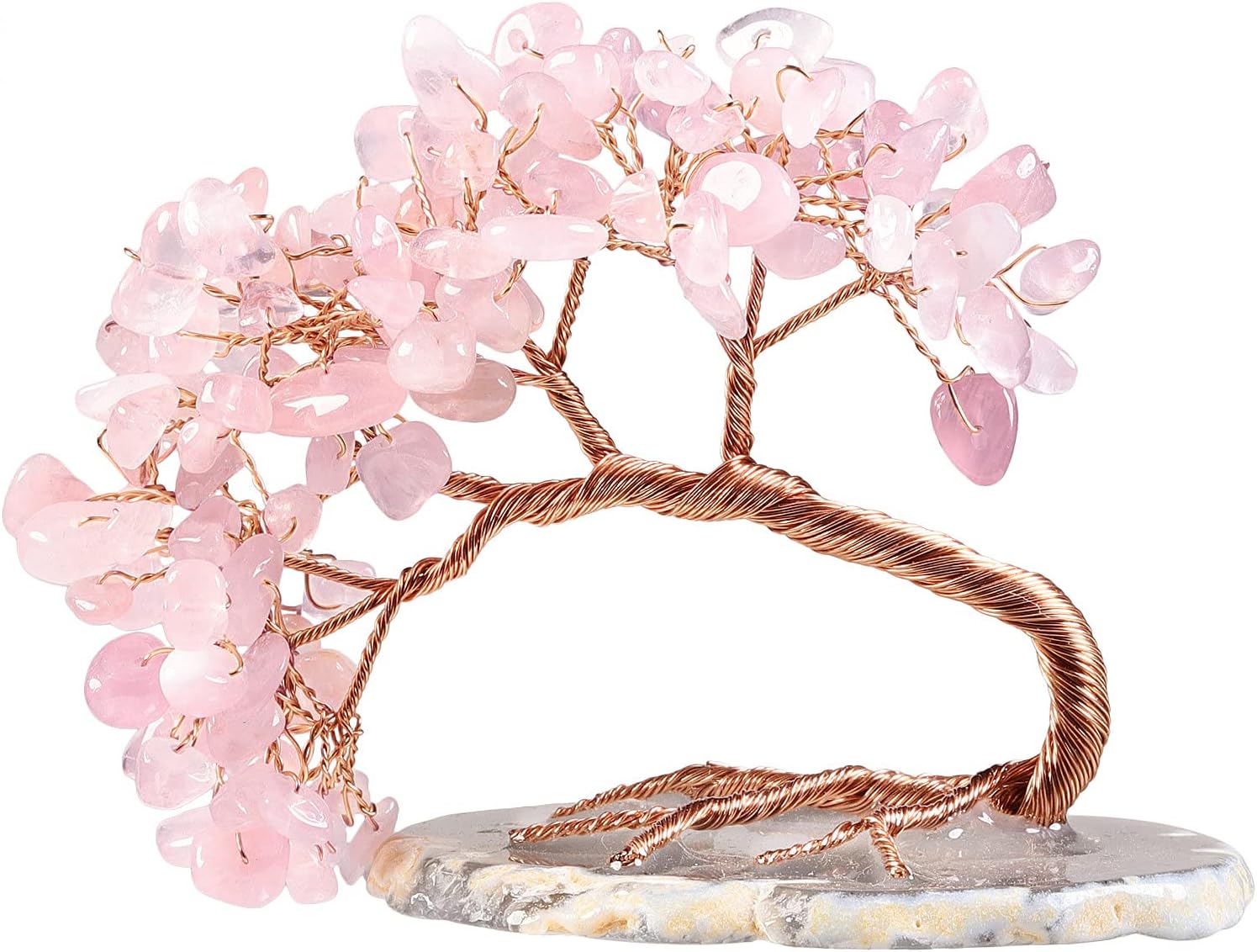mookaitedecor Natural Rose Quartz Crystal Money Tree Agate Slice Base Feng Shui Bonsai Crystal Tree for Wealth Luck Desk Decor, 3-4 Inch High