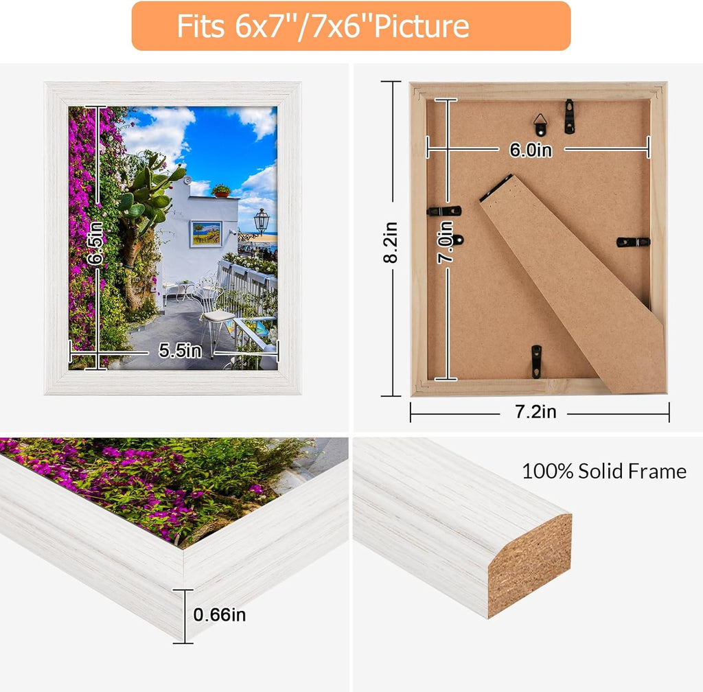 6x7 Wood Frame White, Natural Woodgrain 7x6in Picture Frame, Rustic Wooden 6 x 7inch Gallery Photo Poster Frame with HD Plexiglass, Horizontal Vertical Wall Mounting Tabletop Display 1Pcs