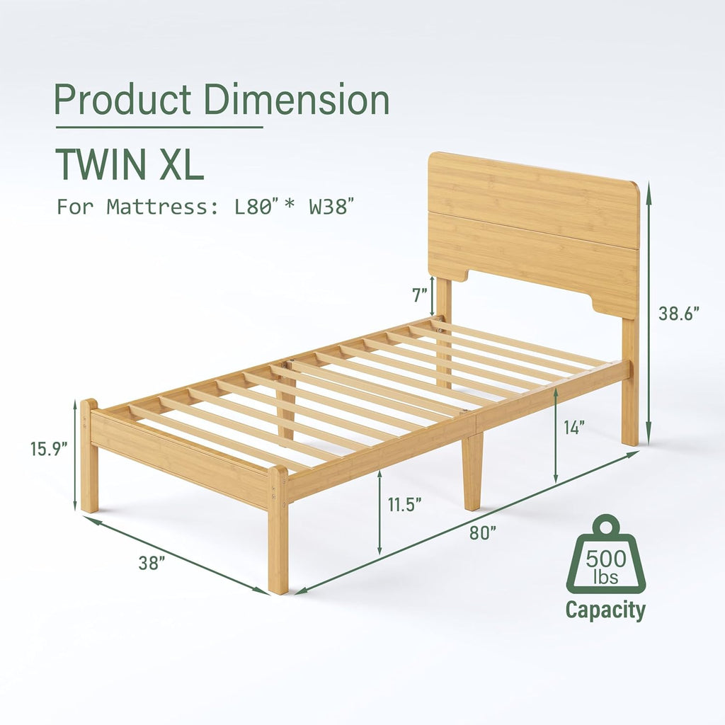 14in High Solid Bamboo Wood Platform Twin XL Bed Frame with Headboard, Reinforced Heavy Duty Metal Slats, Noise Free, No Box Spring Needed, Easy Assembly