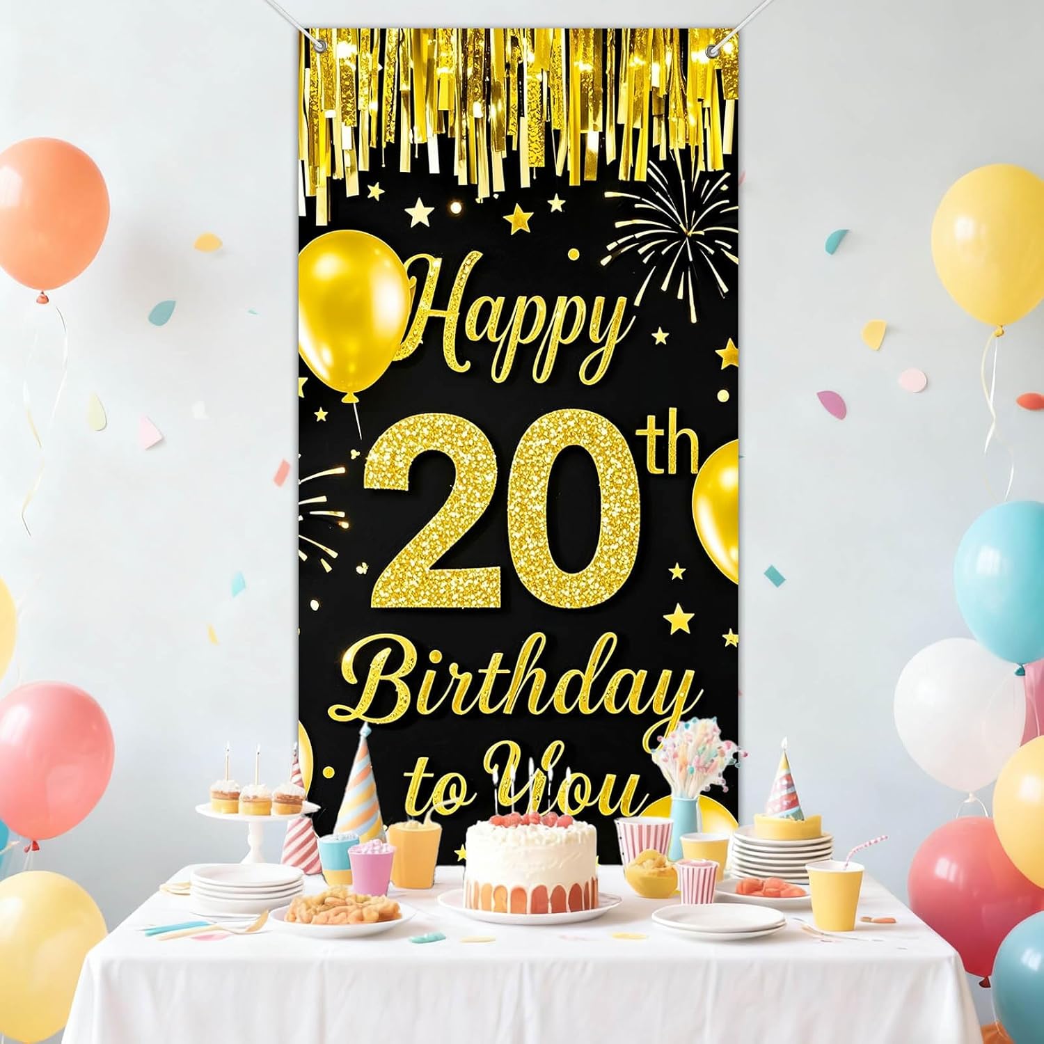 IVN 20th Birthday Door Cover 71x35 Inch Black Gold Birthday Banner for Party Decorations Balloons Stars Fireworks Backdrop Sign for Men Women Photo Booth Prop Wall Decor