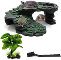 Turtle Basking Platform Kit, Reptile Habitat Hideout, Decorative Resin for Aquarium & Terrarium, Including Artificial Plant and Cleaning Brush. (B-Medium-Black)