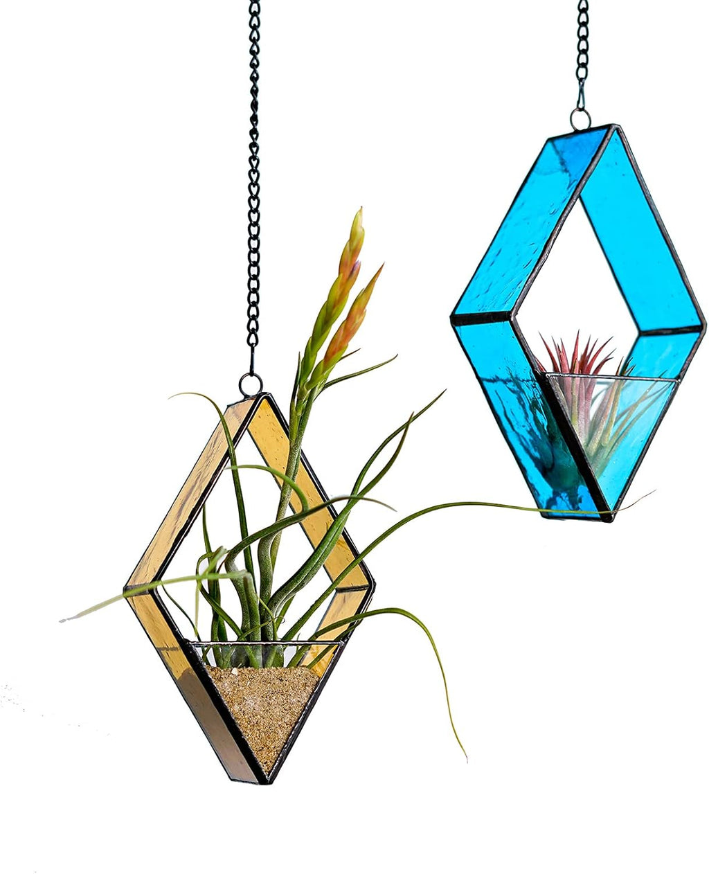 Stained Glass Terrariums Hanging, 2 Packs Geometric Window Planters with Chain for Windowsill Decor Small Succulent Tillandsia Glass Container Terrarium Minimalist Air Plant Holders