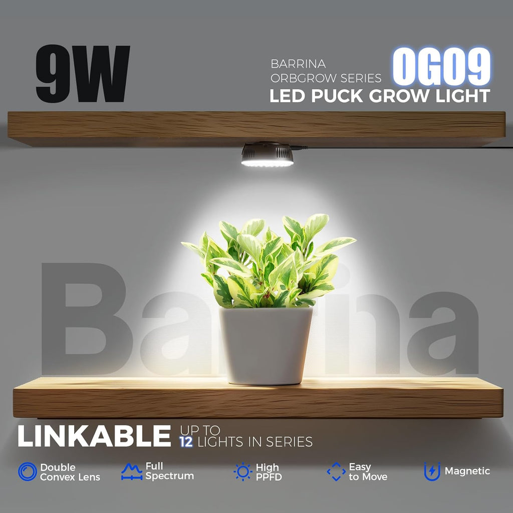 Barrina Orbgrow OG09 Puck LED Grow Light, 5000K 9W(135 Watt Equiv), Plant Lights for Indoor Plants Full Spectrum, Magnetic & Linkable, Small Grow lamp, Perfect for Plant Shelf, 1 Pack, Black