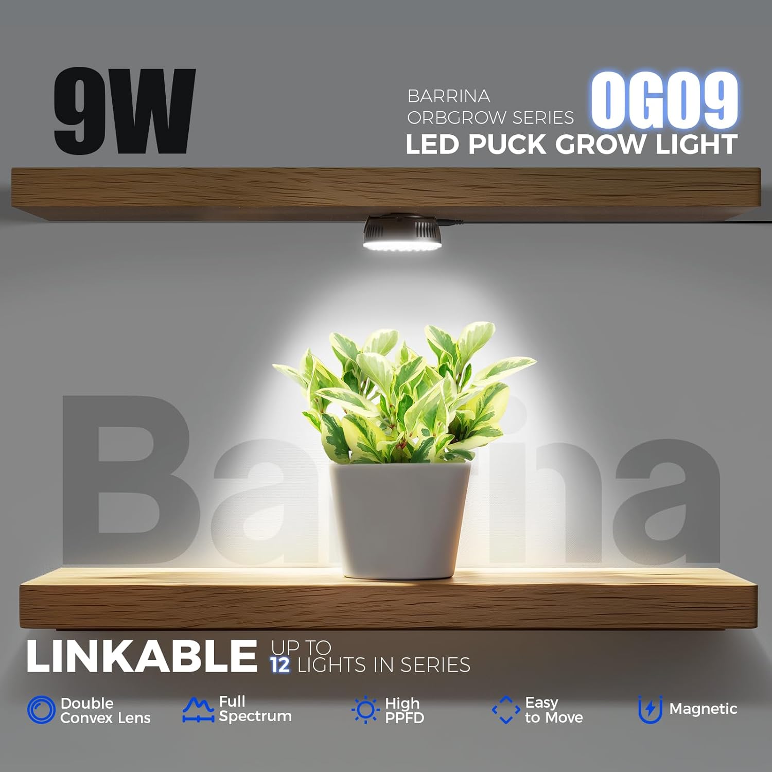 Barrina Orbgrow OG09 Puck LED Grow Light, 5000K 9W(135 Watt Equiv), Plant Lights for Indoor Plants Full Spectrum, Magnetic & Linkable, Small Grow lamp, Perfect for Plant Shelf, 1 Pack, Black