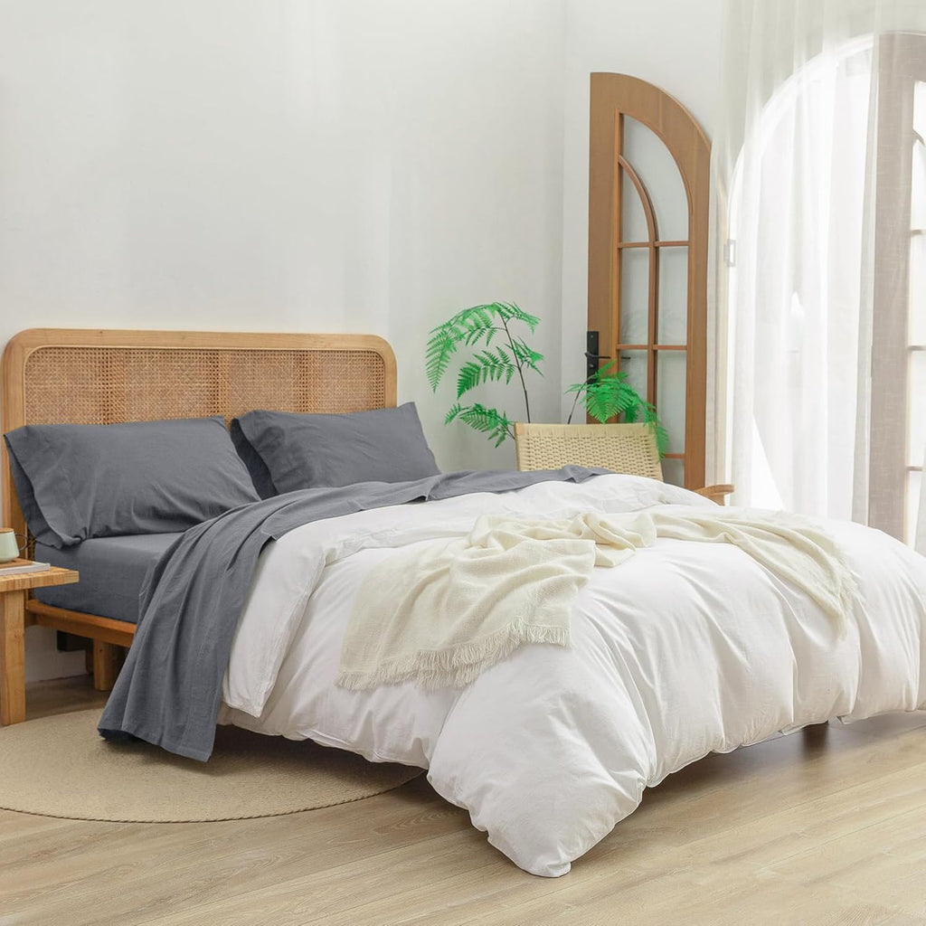 BESTOUCH Sheet Set 100% Washed Cotton Linen Feel Super Soft Comfortable Chic Lightweight 4 Pcs Home Bedding Set Solid Quiet Shade Grey Full