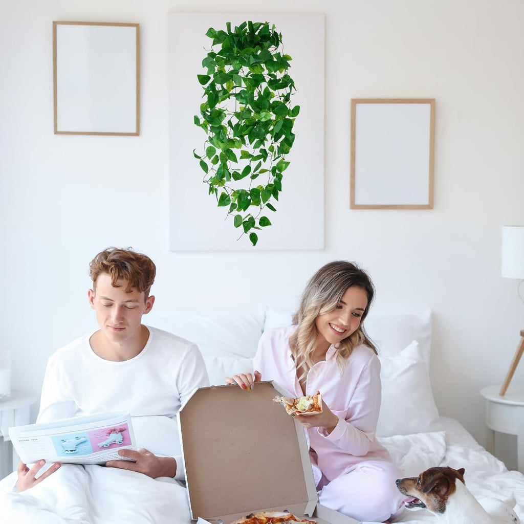 Fake Hanging Plants for Room Decor, Artificial Ivy vines Greenery Leaves Garlands for Home Aesthetic living Bedroom kitchen Office Wall patio Bookshelf, Indoor,Outdoor decorations(No Basket)