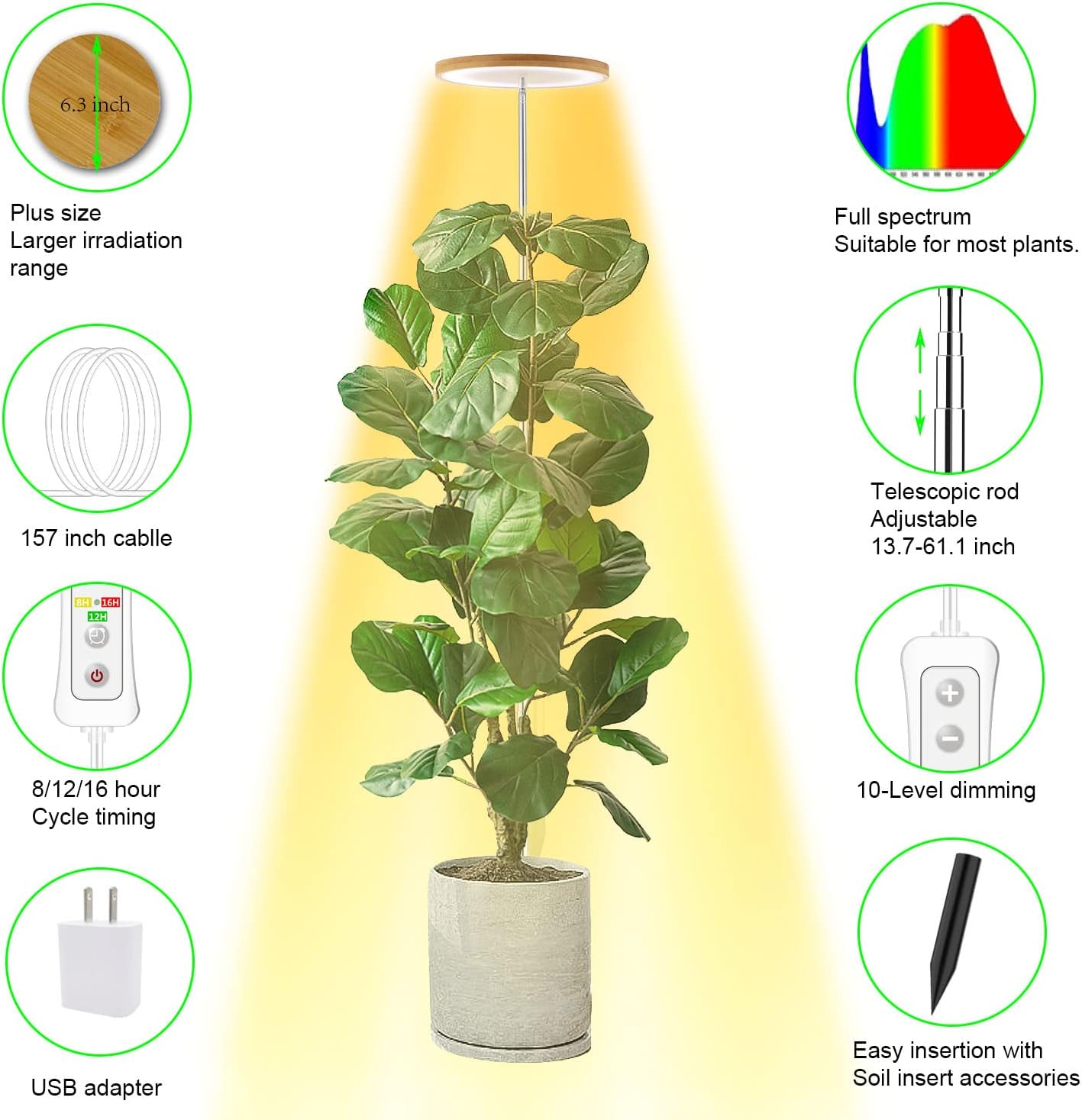 yadoker Plant Grow Light, LED Growing Light Full Spectrum for Indoor Plants,Height Adjustable, Automatic Timer, 5V Low Safe Voltage,Idea for Large Plant Light