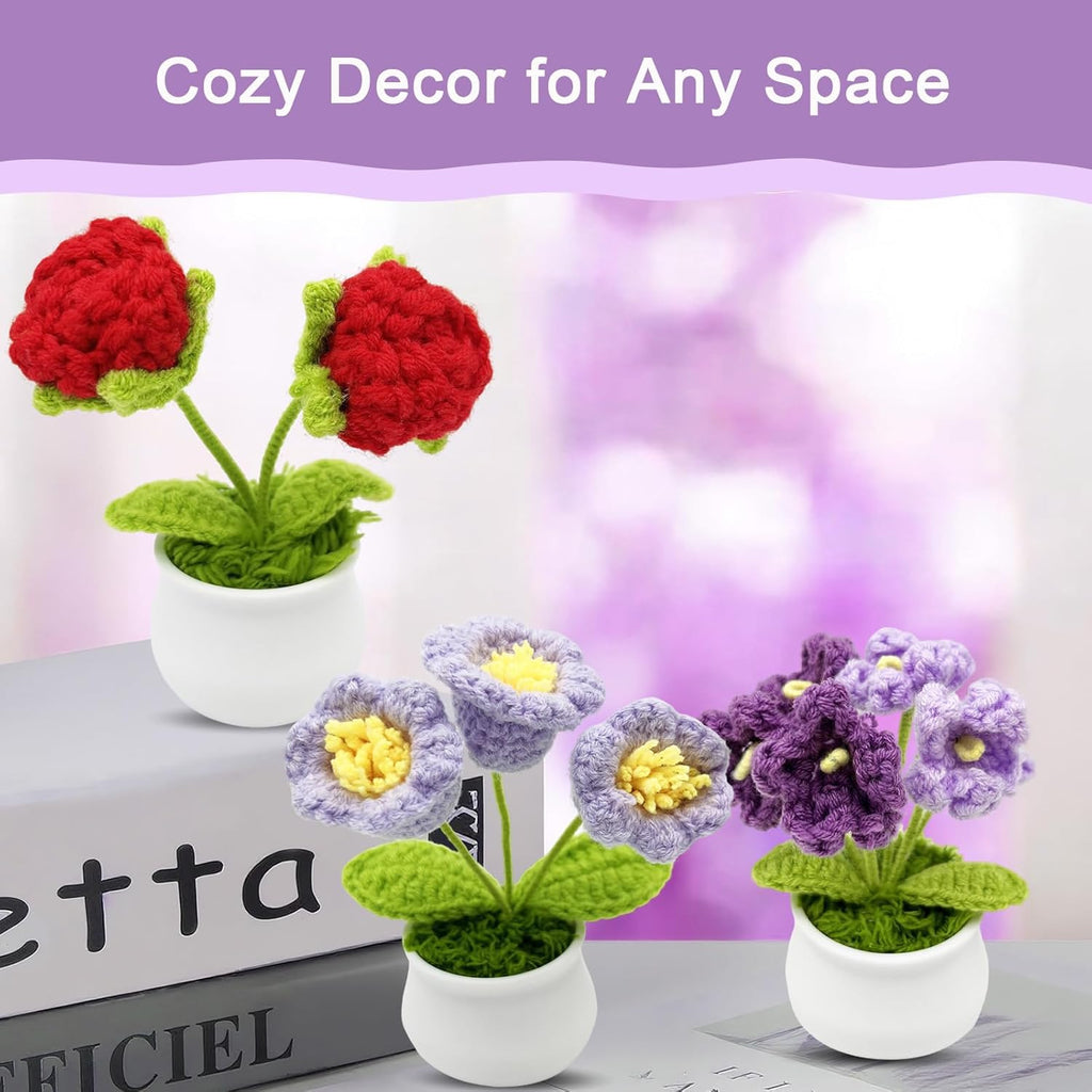 3pcs Crochet Flowers Cute Potted Flower,Mini Flower Bouquet for Mom Wife, Cute Desk Decor for Women,Artificial Handmade Flowers for Car Dashboard,Home Office Decoration (Color#2)