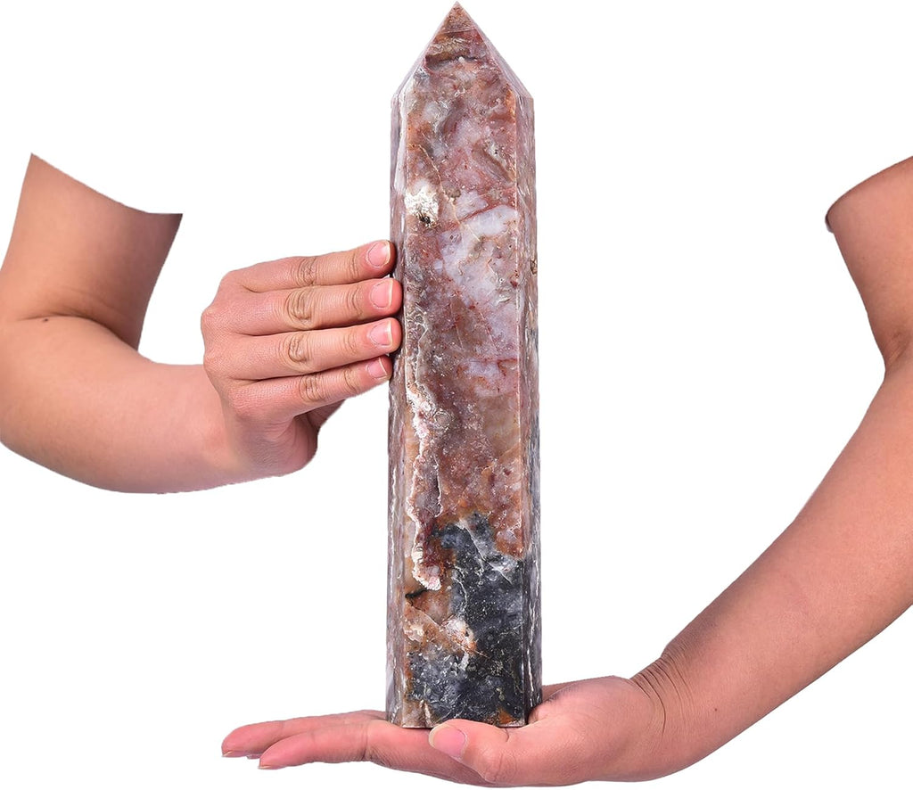JIC Gem Natural Large Quartz Crystal Stone Striped Agate Gemstone Tower Point 6 Faceted Chrysocolla Crystal Healing Wand Reiki Chakra Decor 4.4-4.8 Lbs