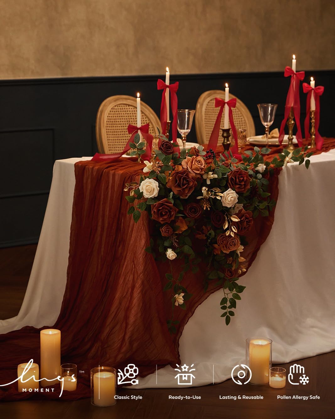 Ling's Moment 10Ft Terracotta Cheesecloth Table Runner Burnt Orange Gauze Semi-Sheer Tablecloth for Wedding Party Bridal Shower Boho Table Decor Rust Thanksgiving Day Fall