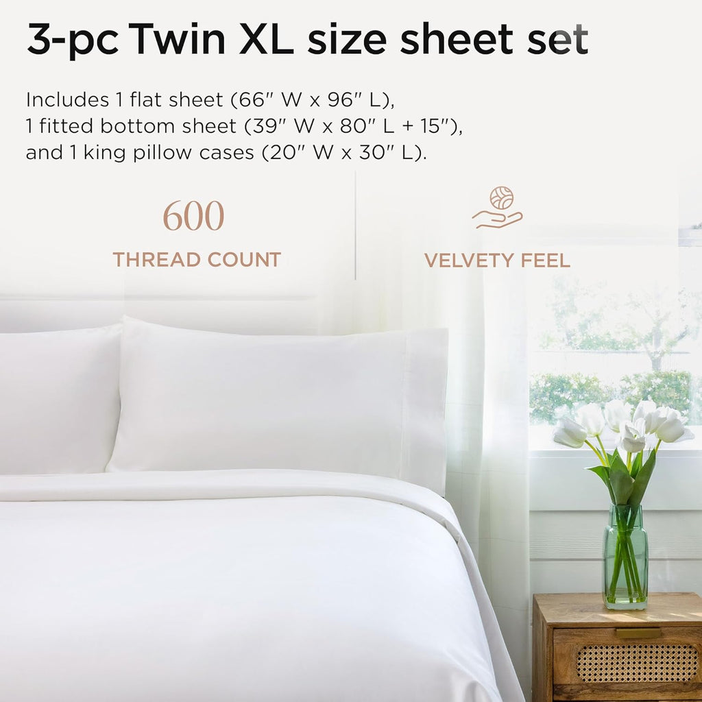 Threadmill 100% Cotton Sheets for Twin XL Size Bed - 600 Thread Count Twin XL Bed Sheets Set with 15” Deep Pocket - Sateen Weave 3-Piece Bedding Set with Cooling Effect, White