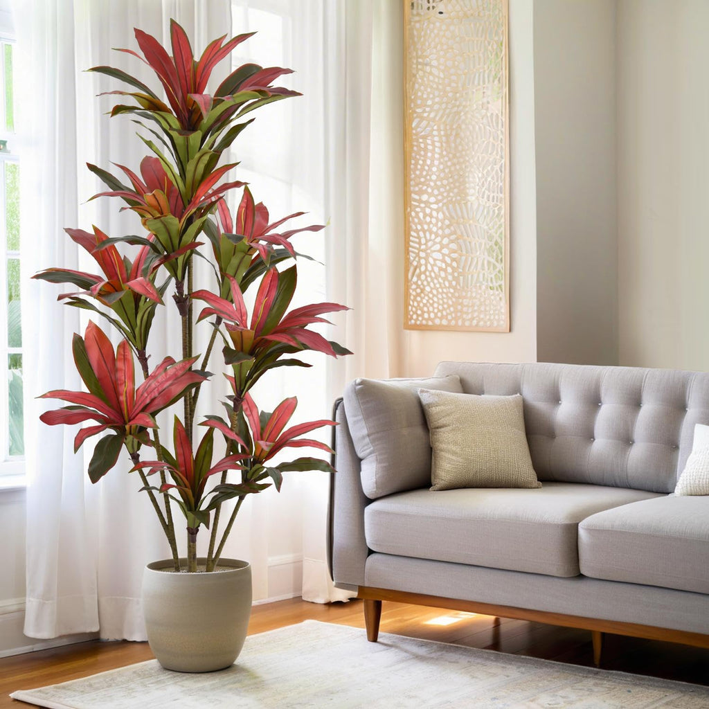 Artificial Dracaena Tree 6ft(72in) Tall Large Faux Fall Plants with Realistic Trunks and Red Leaves, Fake Floor Potted Artificial Plants for Home Office Indoor Decor (6feet,1Pack)