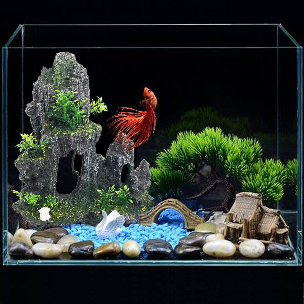 Aquarium Decoration Extra Large and Tall for Fish Tank Rock Thematic Ornaments Aquarium Mountain View Stone Ornaments Aquarium Decor Tree House Cave Fish Tank Decoration - Extra Large