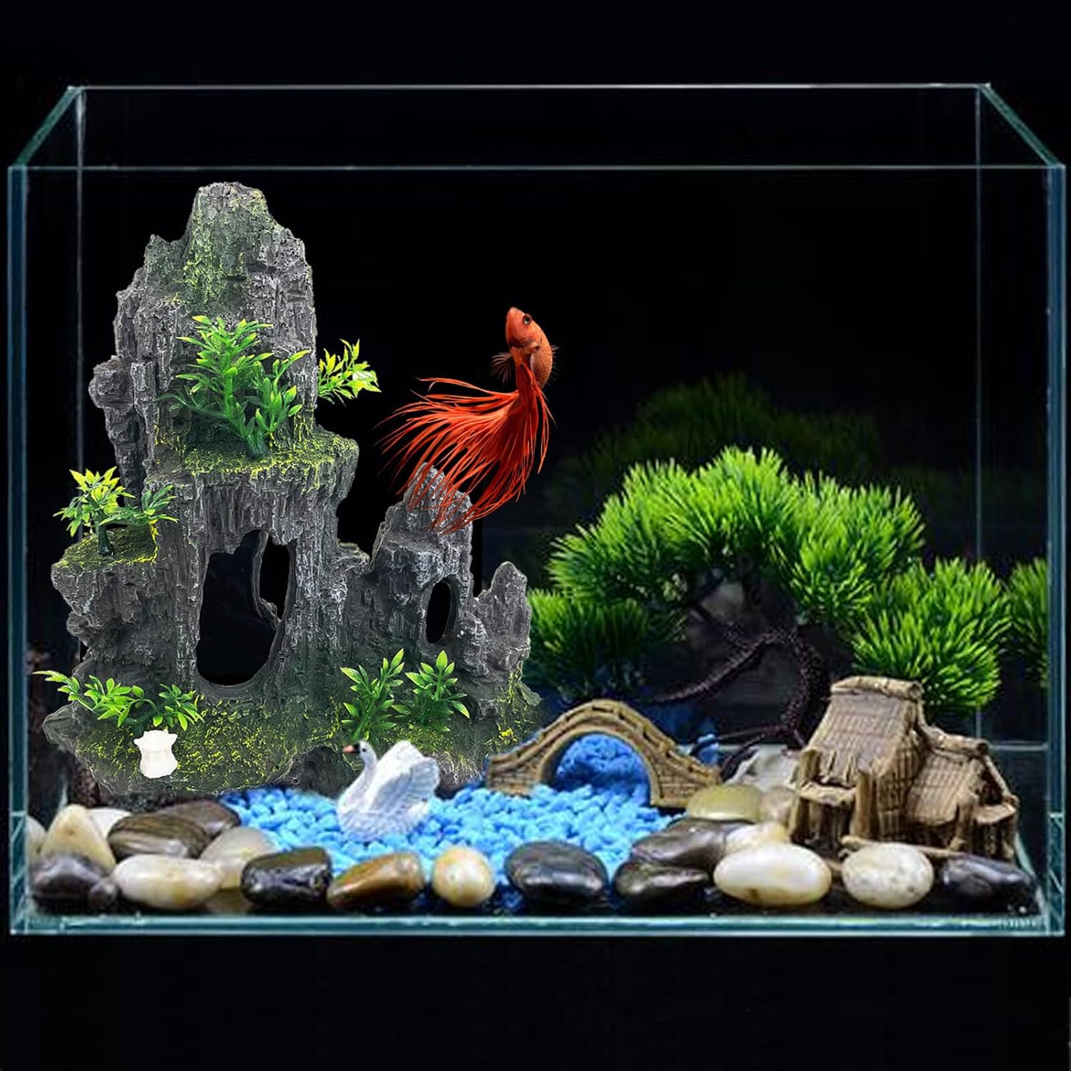 Aquarium Decoration Extra Large and Tall for Fish Tank Rock Thematic Ornaments Aquarium Mountain View Stone Ornaments Aquarium Decor Tree House Cave Fish Tank Decoration - Extra Large