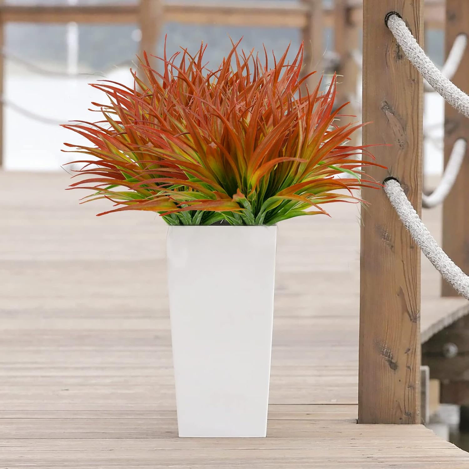 8Pcs Artificial Grass Plant Fake Outdoor Plastic Plants UV Resistant Faux Grasses Greenery Shrubs for Window Box Garden Patio Porch Home Decor Red