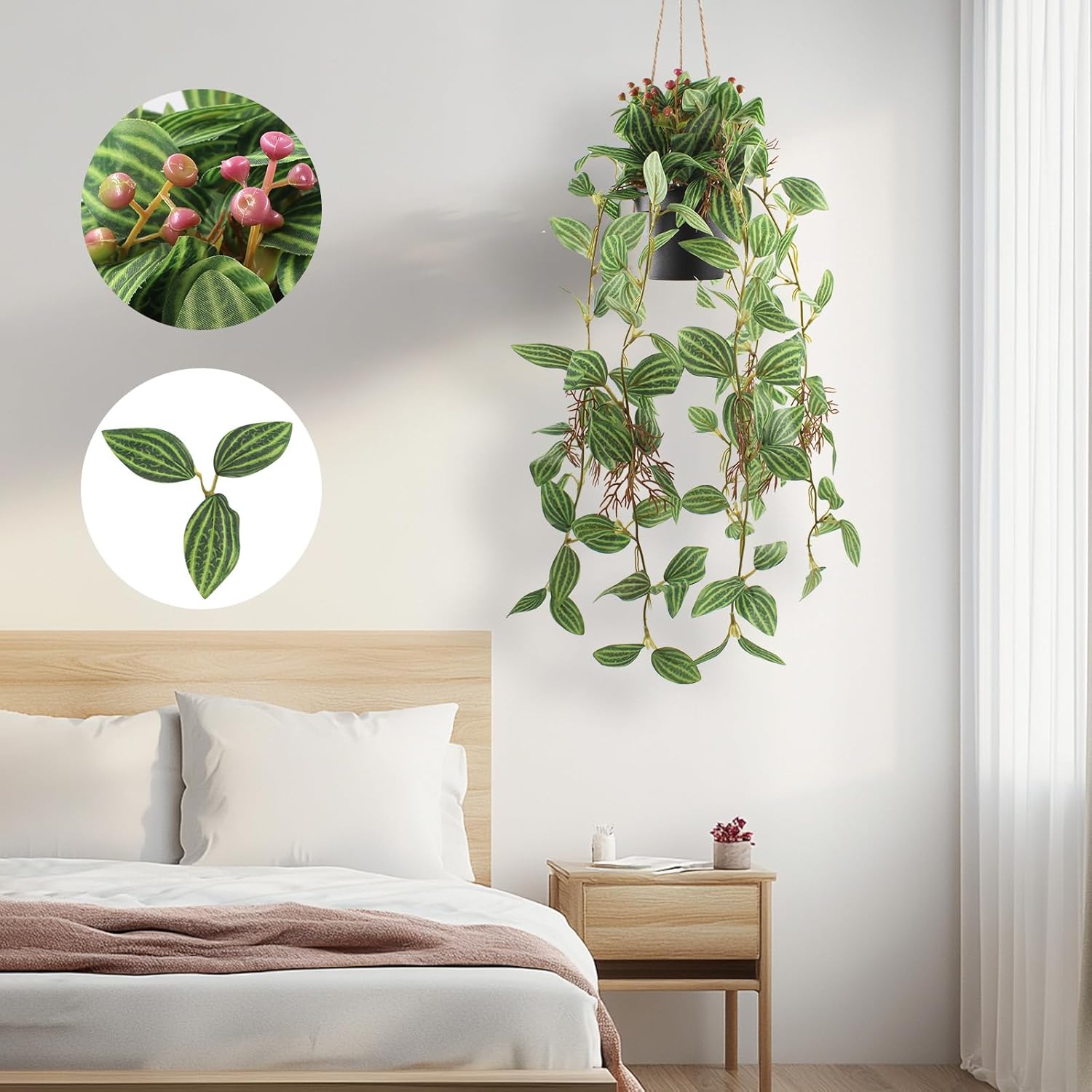 Artificial Hanging Ivy Plants Realistic 3D Watermelon Texture Fake Peperomia Leaves Faux Potting Vine Green Plants for Indoor Outdoor Home Garden Decor