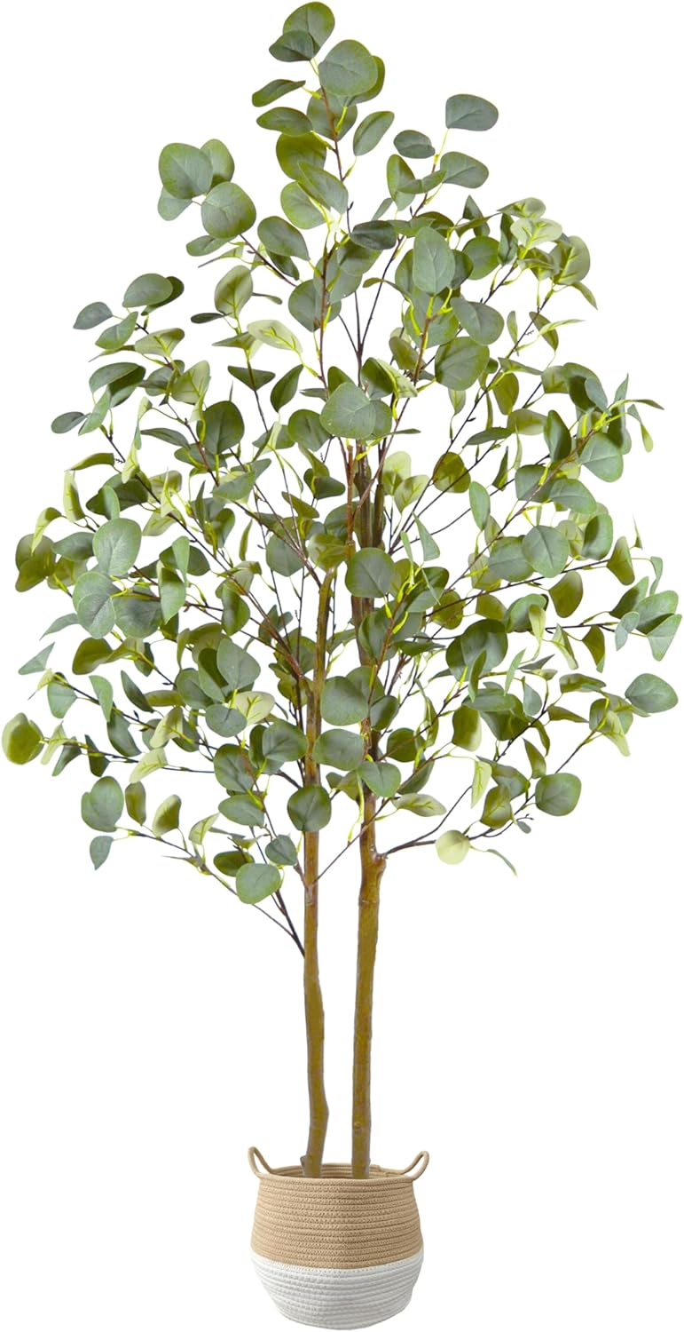 Artificial Eucalyptus Tree, 5ft Tall Fake Eucalyptus Plant with Woven Basket, 60'' Silk Leaves Faux Tree for Indoor Home Office Livingroom Garden Floor Décor