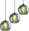 Gray Green Glass Pendant Lights Kitchen Island Lighting Globe Pendant Light Fixtures Modern Pendant Lighting for Kitchen Island Bedroom Living Dining Room Light Fixture(9.84in, 3-Pack)