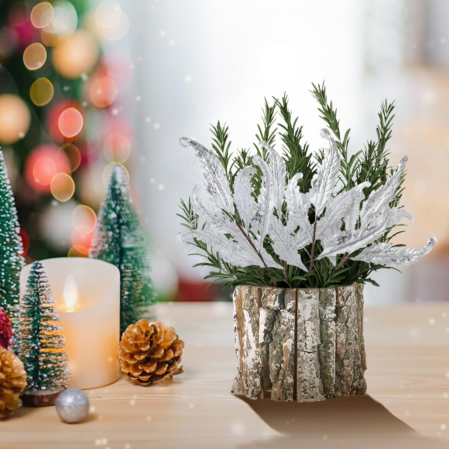 Christmas Artificial Leaves Set of 3 Sparkling 27 Inch Faux Decorative Foliage with Spray Stems Perfect for Holiday Home Decor Festive Party Decorations and Seasonal Celebrations(White)