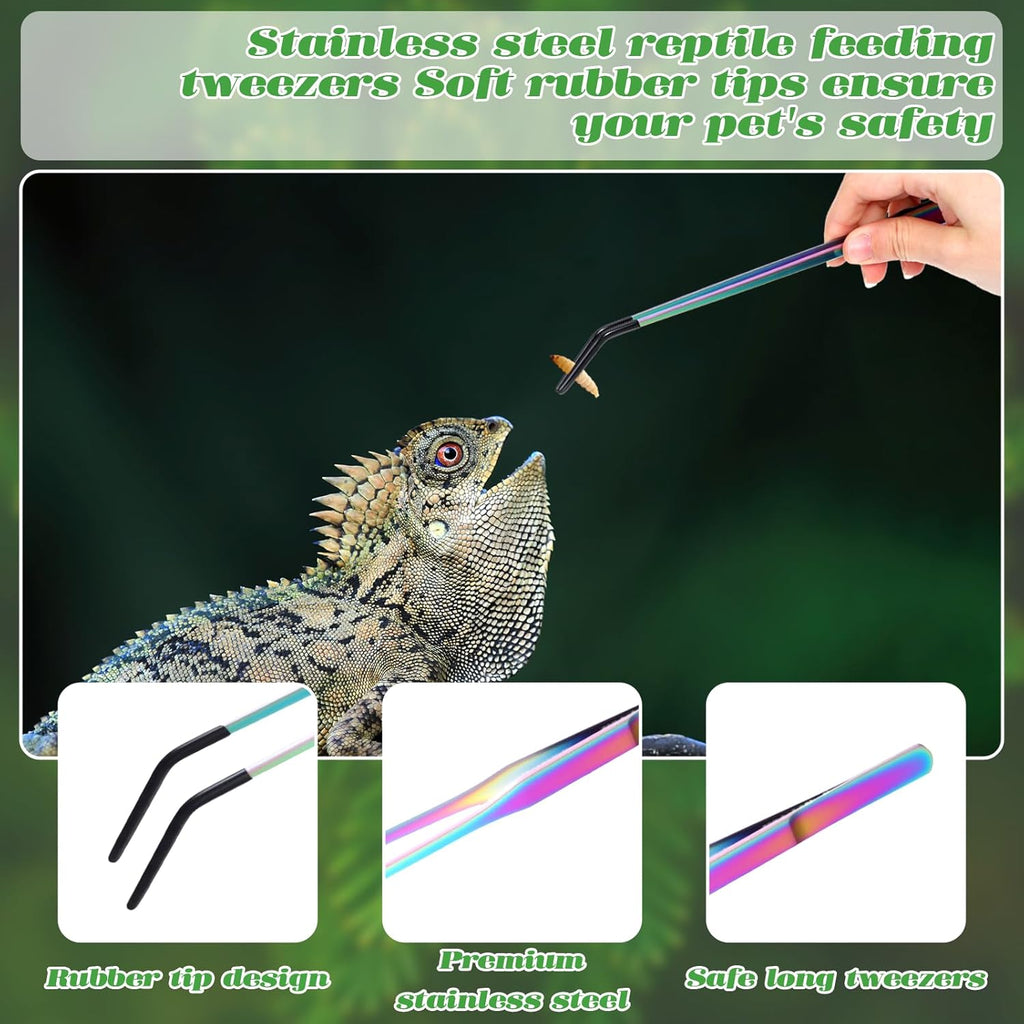 2 Pcs Stainless Steel Reptile Feeding Tongs with Rubber Tip, Straight Curved Tweezers, Aquarium Tweezers, Feeder Tools for Bearded Dragon, Lizards, Terrarium Supplies (10.6 Inch, Color)