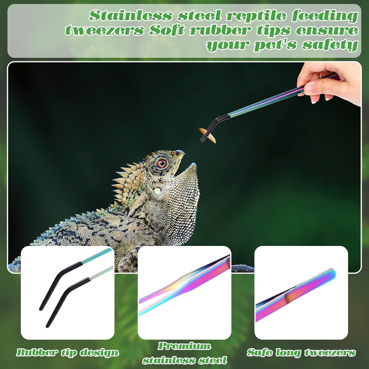 2 Pcs Stainless Steel Reptile Feeding Tongs with Rubber Tip, Straight Curved Tweezers, Aquarium Tweezers, Feeder Tools for Bearded Dragon, Lizards, Terrarium Supplies (10.6 Inch, Color)