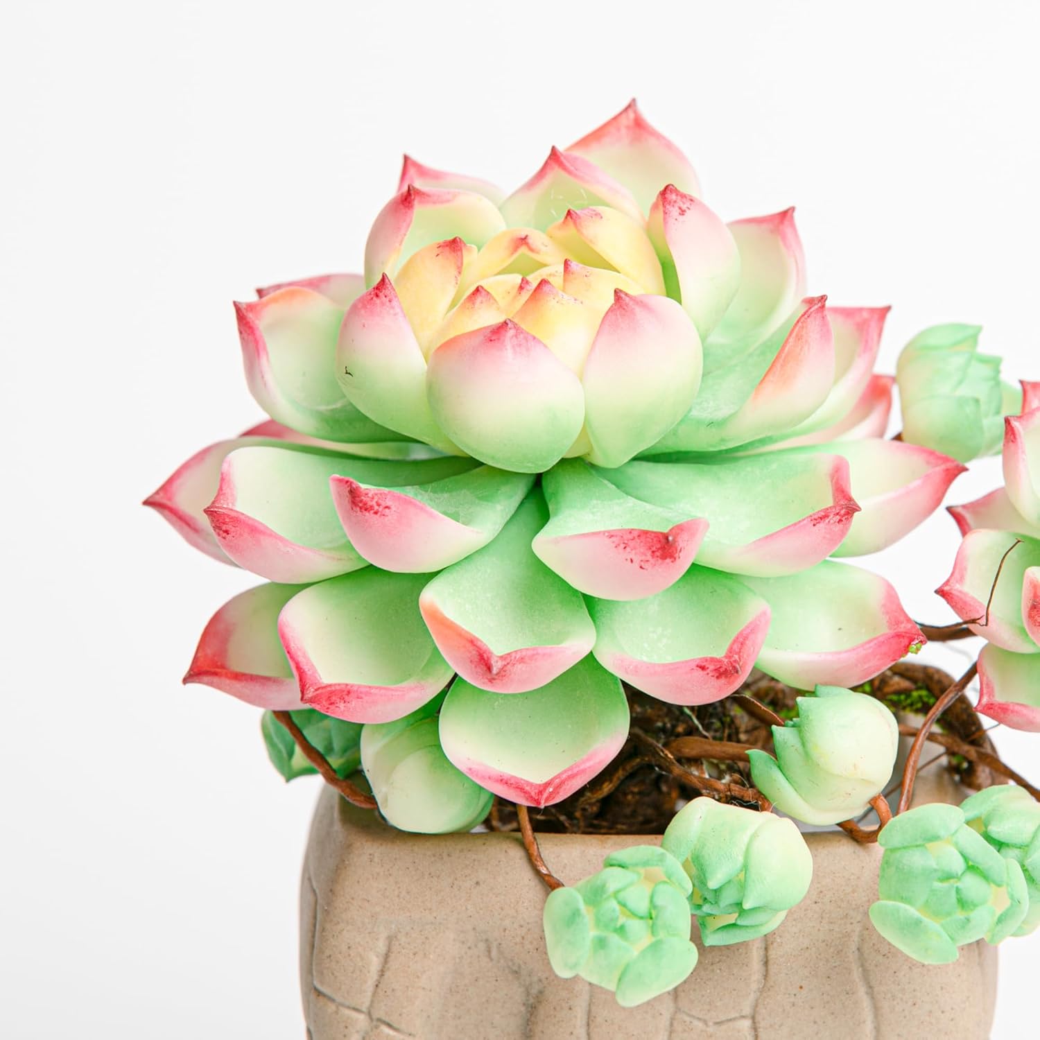 Galagaga Handcrafted Artificial Succulent Plant in Textured Ceramic Pot, Pink and Mint Green Clay Flowers, Maintenance-Free Home Decor (1, shape7)