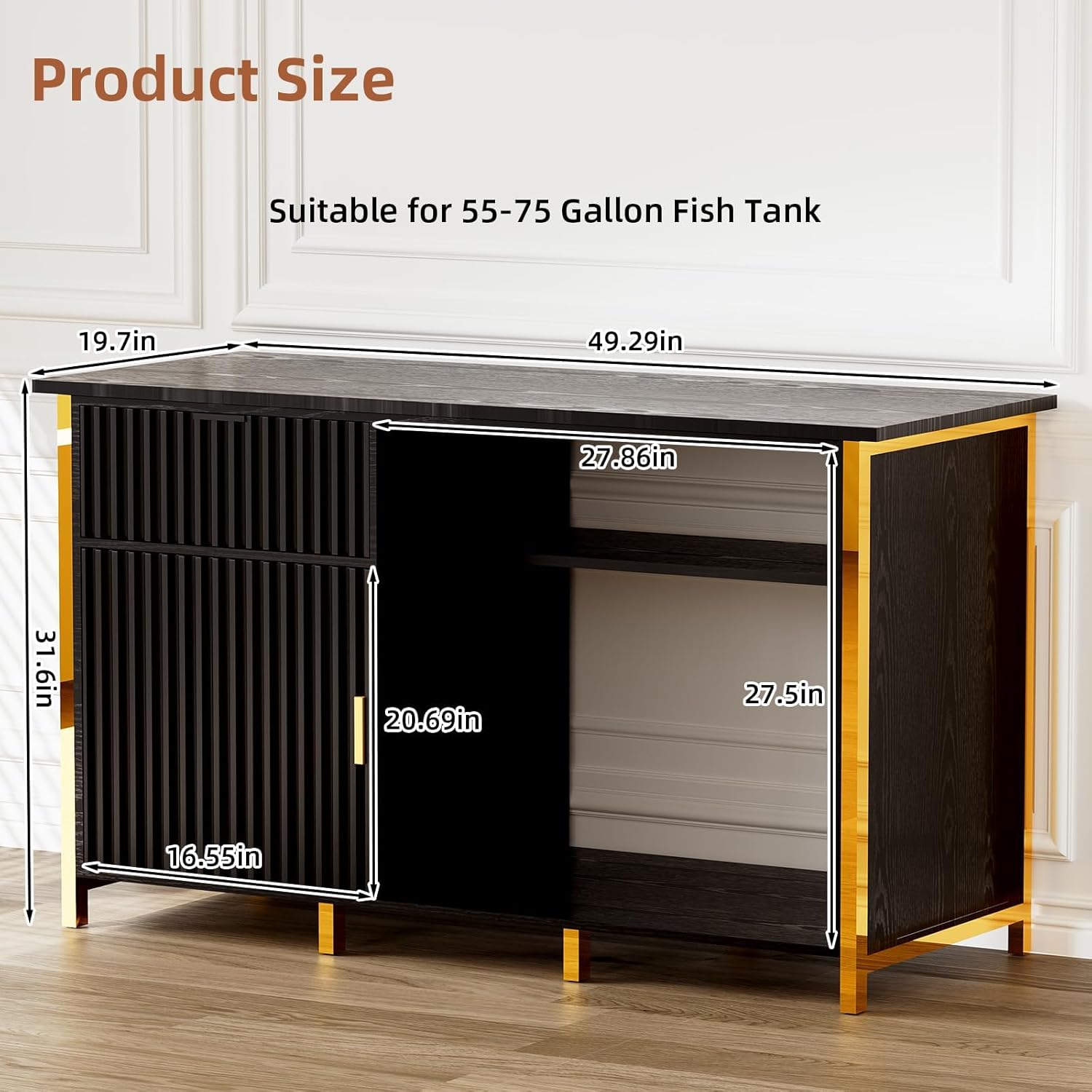 55-75 Gallon Fish Tank Stand with Power Outlets, LED Light, Vertical Lines, Heavy Duty Aquarium Stand with Cabinet for Fish Tank Accessories Storage, Turtle Tank, Reptile Terrarium (Black and Gold)