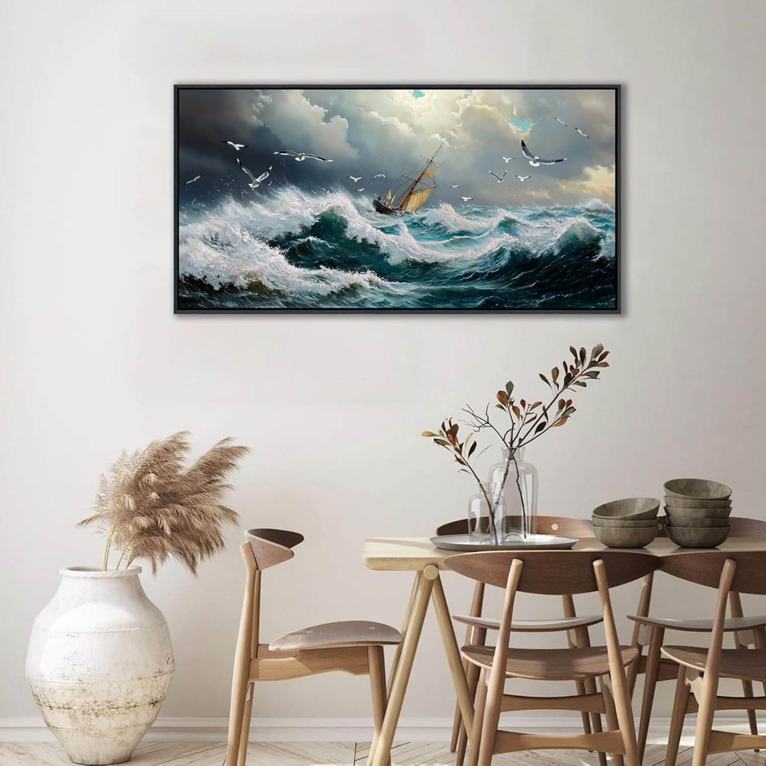 YDYSUNE Ocean Wall Art - Retro White Canvas painting Sailboat Wall Decor Textured Picture Artwork Nautical Adventurer Painting Coastal Art Framed for Living Room Bedroom Home 20x40inch
