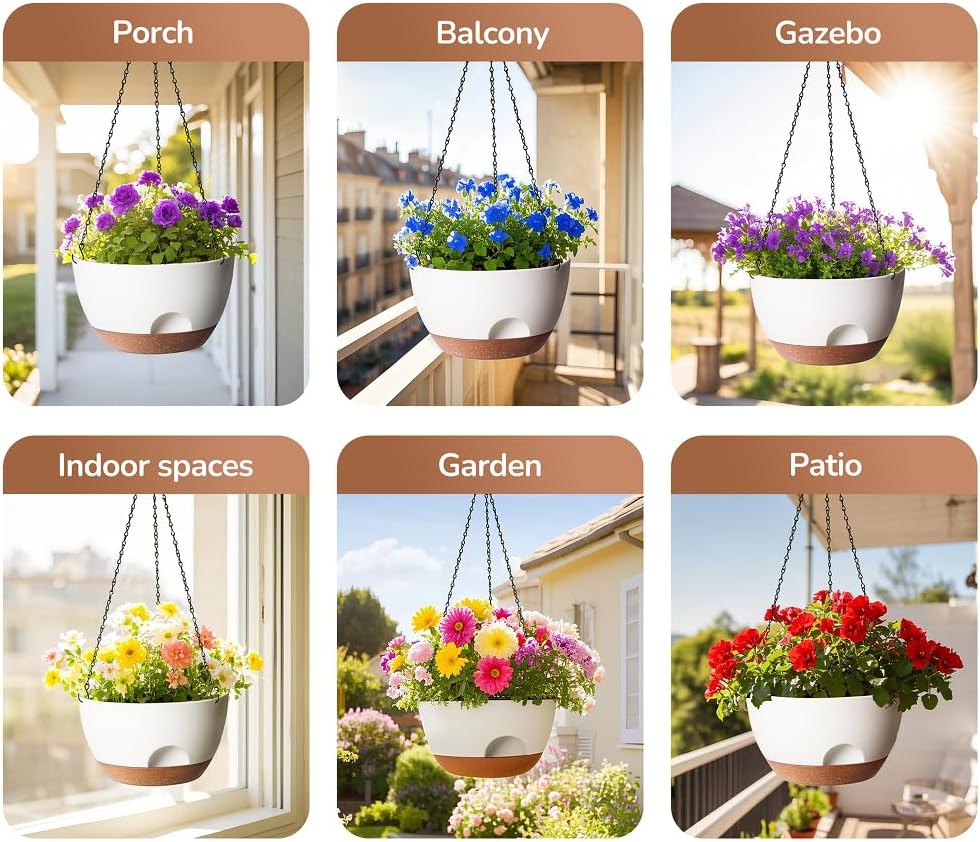 Hanging Planter, 12 Inch Self-Watering Hanging Planters for Indoor Outdoor Plants, Hanging Basket for Plants Flowers Outdoor (White)