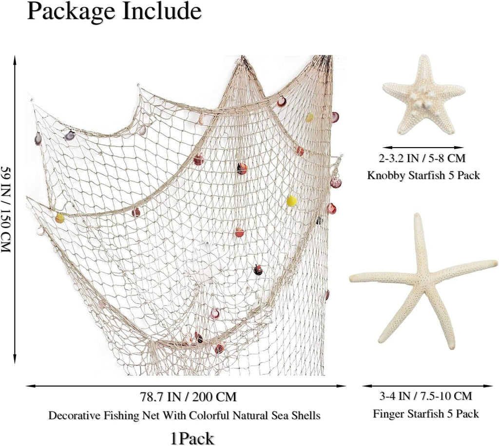 79 x 59 inch Nature Fish Net Wall Decoration with Colorful Sea Shells and 10 Pcs Natural Starfish Ocean Themed Mediterranean Style Fishing Net for Beach Party,Wedding,photography Wall Decoration