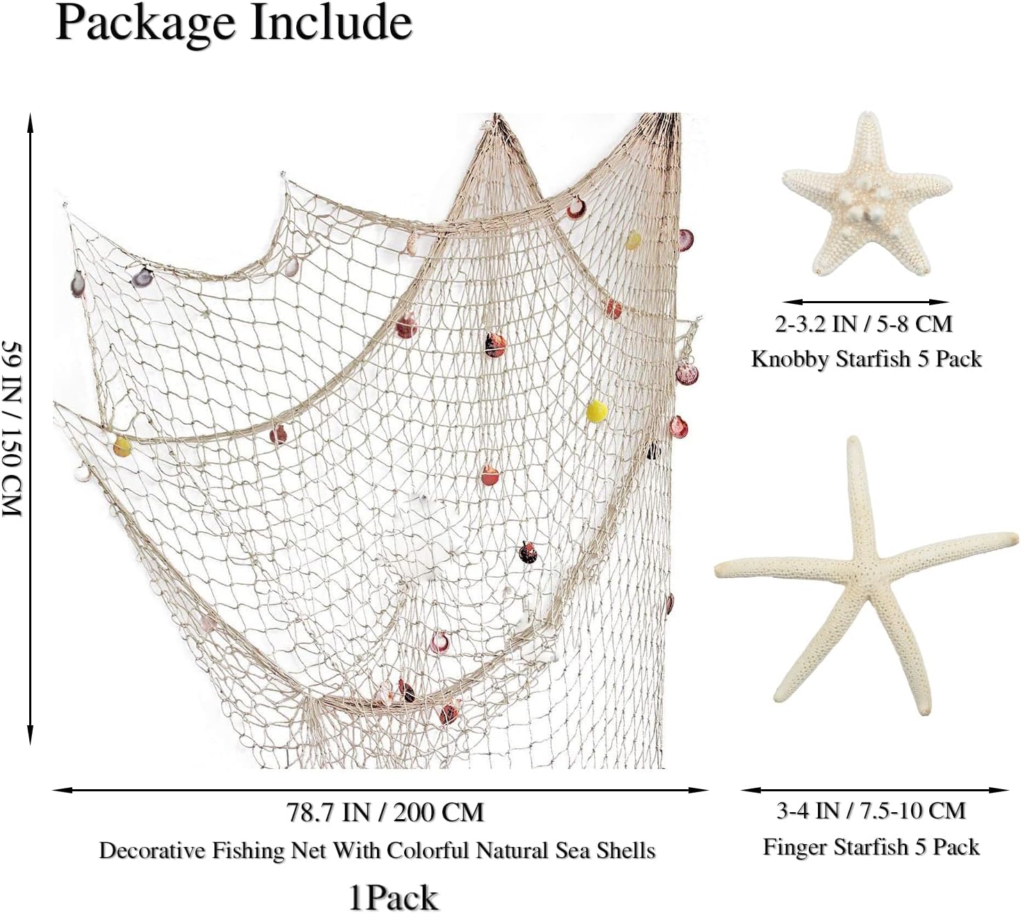 79 x 59 inch Nature Fish Net Wall Decoration with Colorful Sea Shells and 10 Pcs Natural Starfish Ocean Themed Mediterranean Style Fishing Net for Beach Party,Wedding,photography Wall Decoration