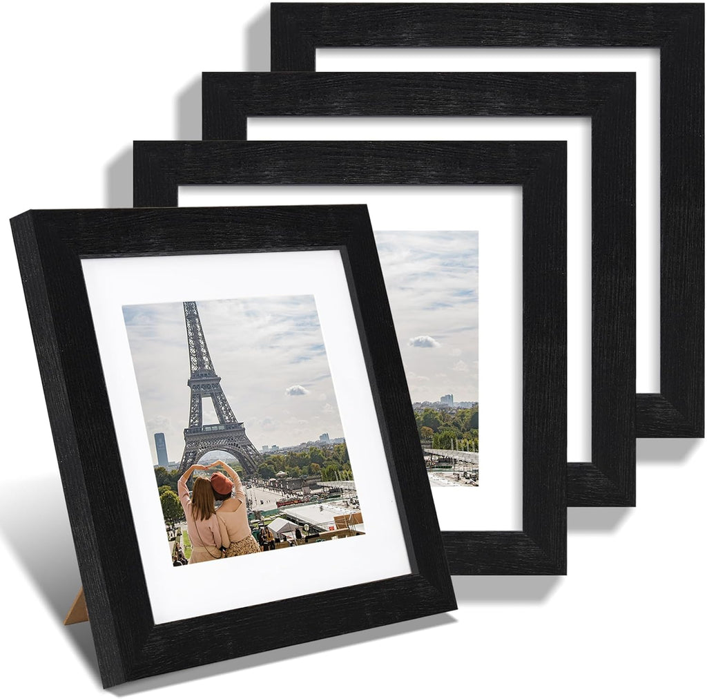 8x8 Picture Frames Set of 4, Made of Glass and Rustic Black Wooden Frame - Display Picture 6x6 with Mat or 8 x 8 Without Mat, 8 by 8 Photo for Wall or Tabletop
