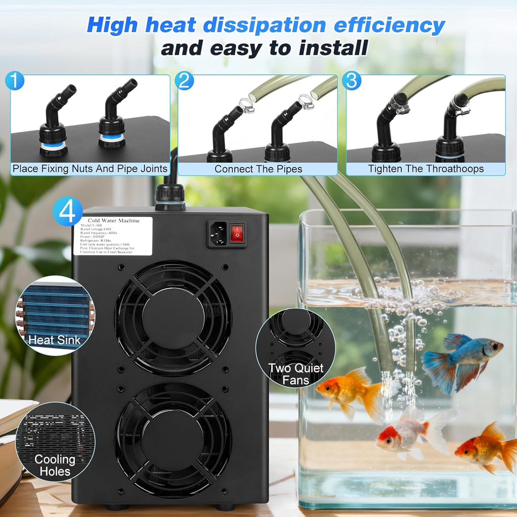 42Gal Aquarium Chiller 1/10 HP 160L Quiet Compressor Refrigeration Hydroponic Cooling System Suitable for Aquariums Salamanders Coral Reefs Jellyfish